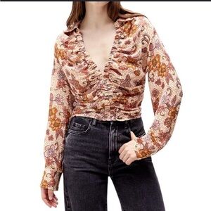 Free People Floral Print Crop Top - Cream and Orange